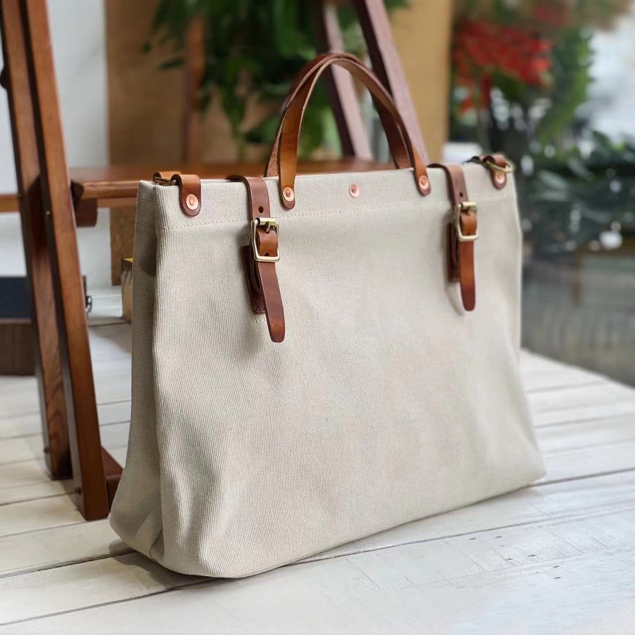 American Thick Canvas Leather Bag,Large Canvas Leather Tote Bag,Large Capacity Travel Bag-i7bags White