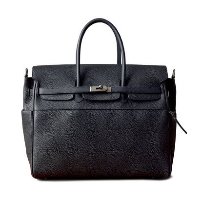 Mens leather work bag, black business tote with top handles, perfect for office use and daily commuting.