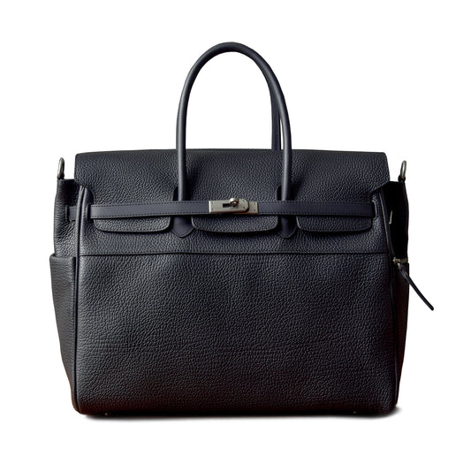 Mens leather work bag, black business tote with top handles, perfect for office use and daily commuting.