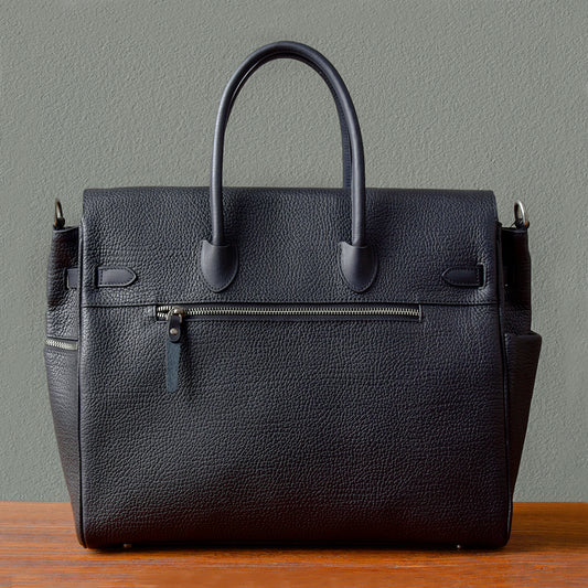 Mens leather work bag in black, featuring a spacious design and zippered pocket, ideal for business and daily use.