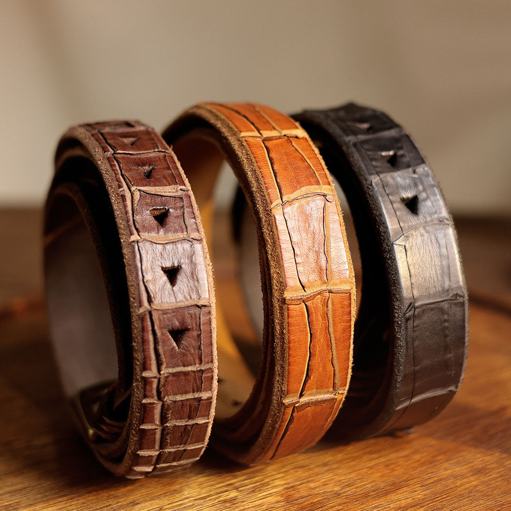 Men's Handmade Distressed Crocodile-Embossed Leather Belt