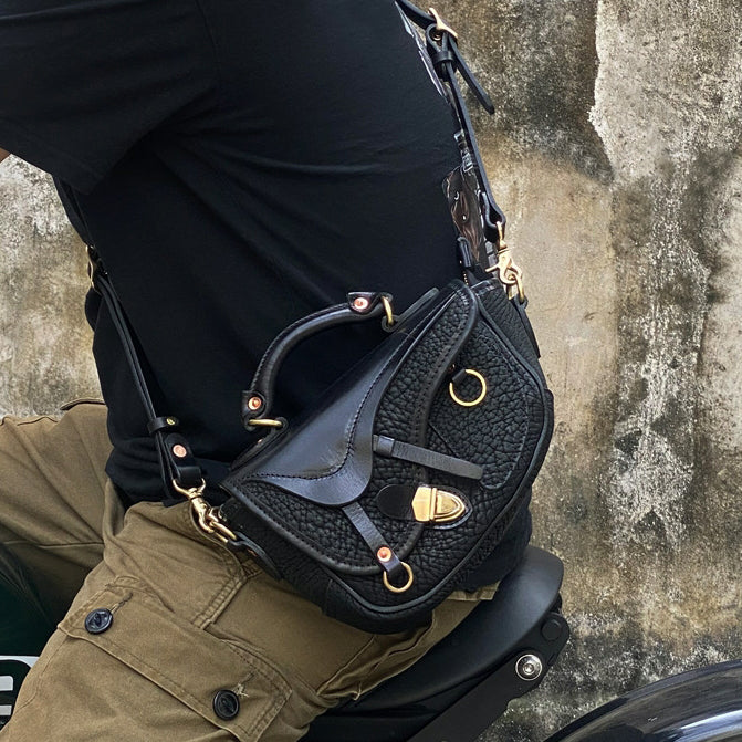 Saddle Bag,Leather Crossbody Bags,Saddle Bag Leather,8.7in carried on a motorcycle in black leather design.