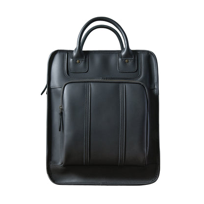 Stylish black leather laptop bag with dual handles and front zipper pocket, ideal for 15-inch laptops and professional use.