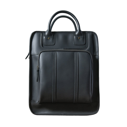Stylish black leather laptop bag with dual handles and front zipper pocket, ideal for 15-inch laptops and professional use.