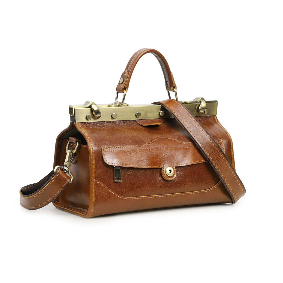Genuine leather tan handbag for women, featuring a detachable crossbody strap and metal clasp, 12x7.5x6.1 in.