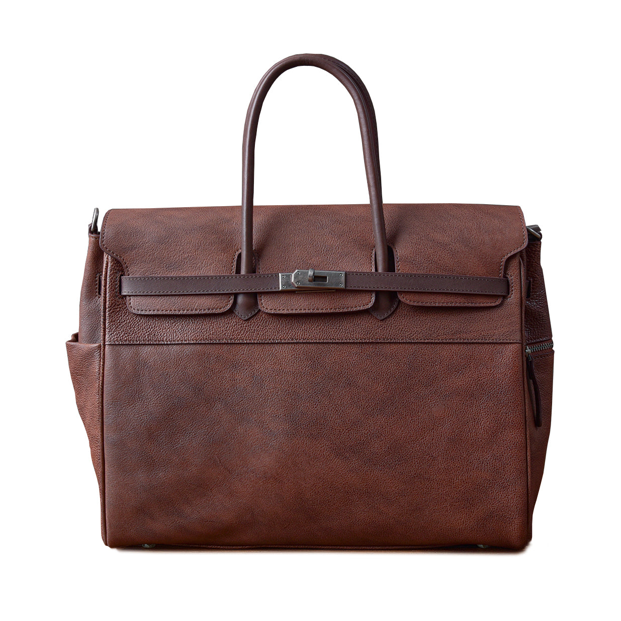 Men's leather work bag in brown, perfect for business, with sturdy handles and spacious interior, dimensions 15x12.6x6.3 inches.