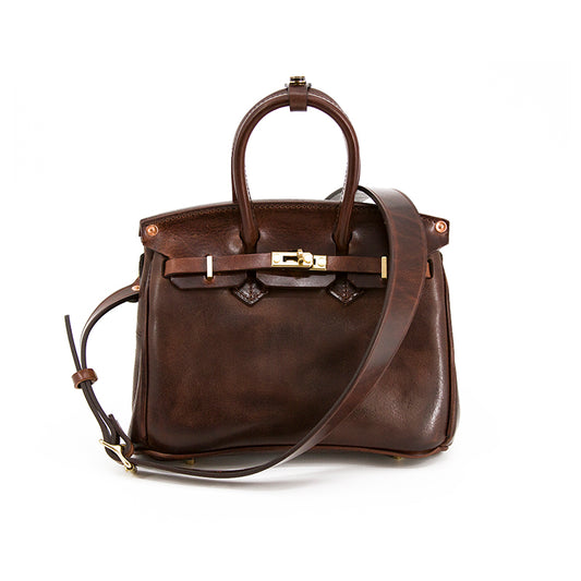 Womens Leather Handbag in dark brown with crossbody strap and dual top handles, dimensions 9.8in.