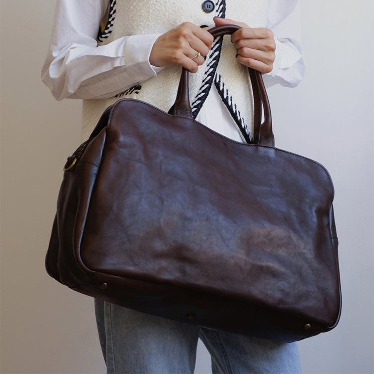 Large Tote Genuine Leather Bag,Business Trip Bag For Men For Women,Weekend Bag,18in Length-i7bags Dark Brown-46