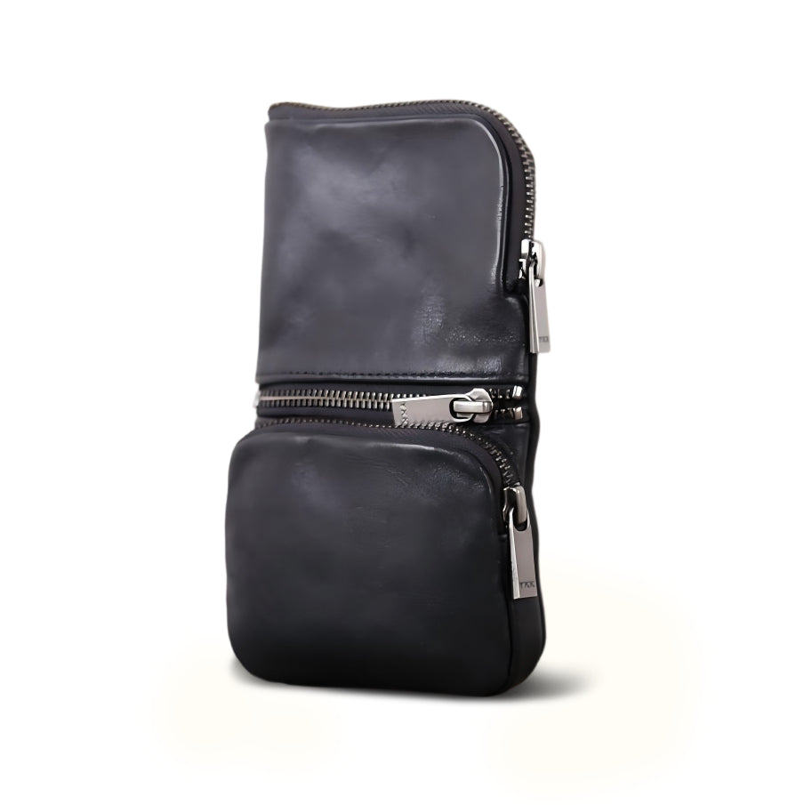 Black Top Grain Leather Phone Wallet and Coin Purse