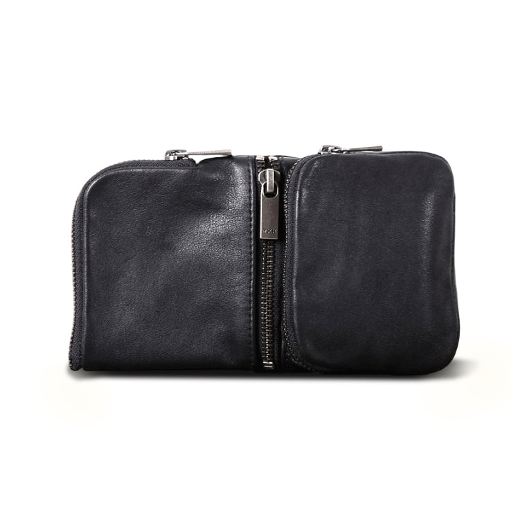 Black Top Grain Leather Phone Wallet and Coin Purse