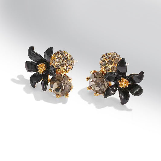 Black Enamel Glaze Lily Crystal Gold-Plated Earrings-i7bags-1
