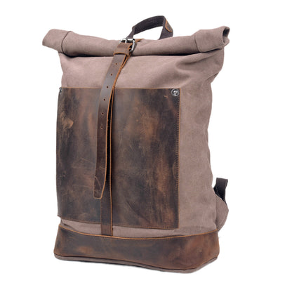 Canvas Leather Bag,Cotton Canvas Roll Top Backpack,Backpack For Women-i7bags