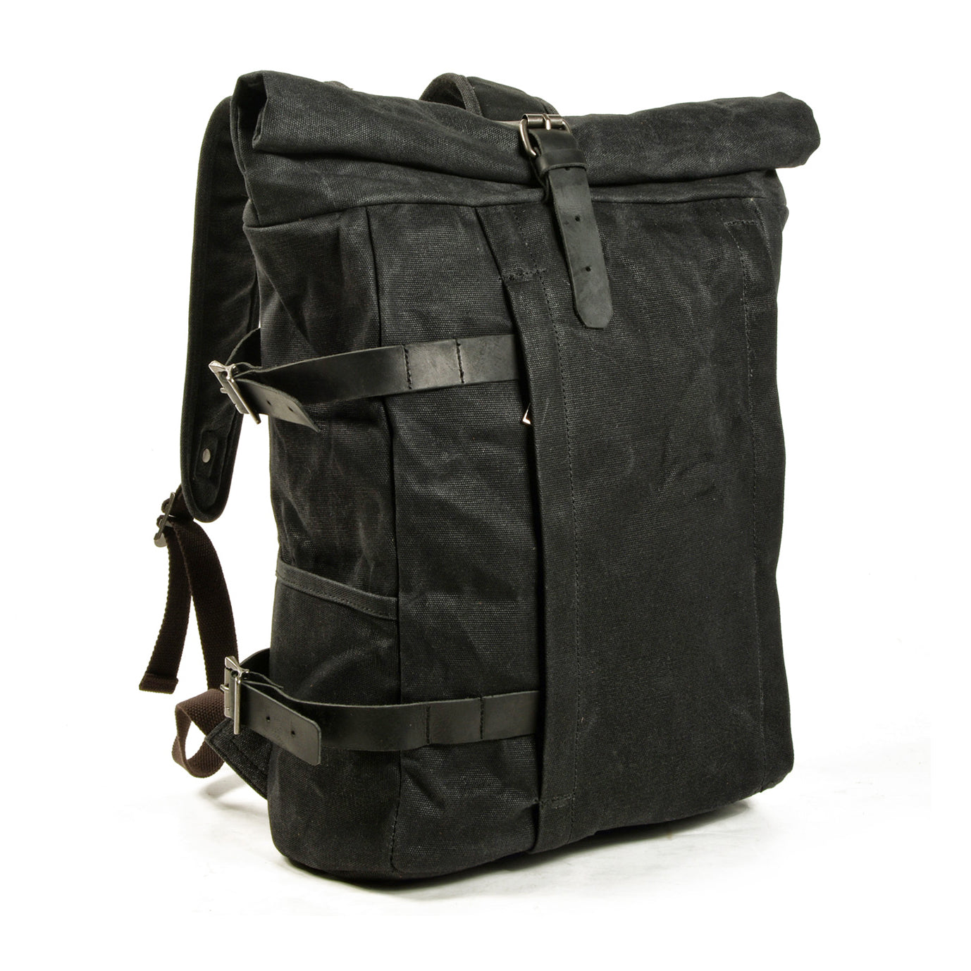 Canvas Leather Bag,Roll Top Rucksack For Men,Waxed Canvas Backpack,Outdoor Cycling Backpacks-i7bags Black