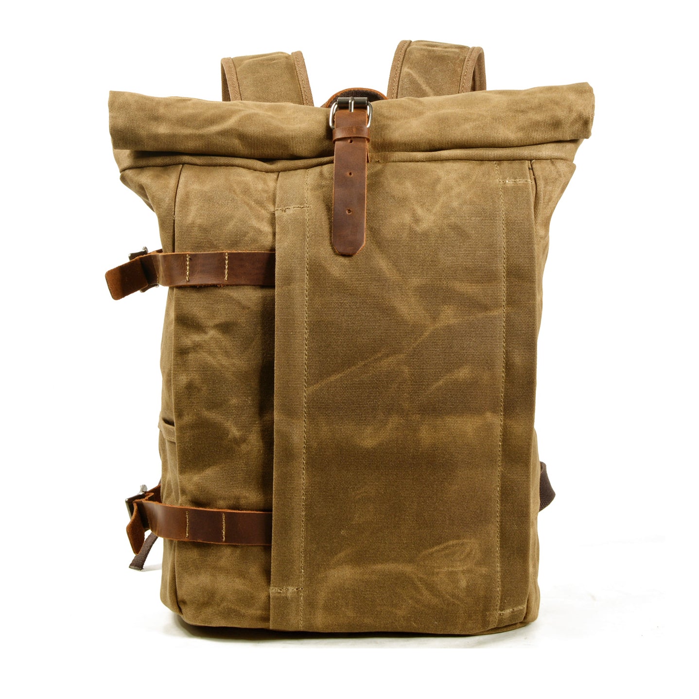 Canvas Leather Bag,Roll Top Rucksack For Men,Waxed Canvas Backpack,Outdoor Cycling Backpacks-i7bags Khaki