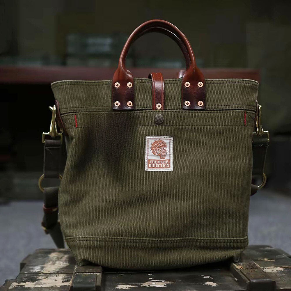 Canvas Leather Tote Bag 15.7in Retro Crossbody Workwear Unisex