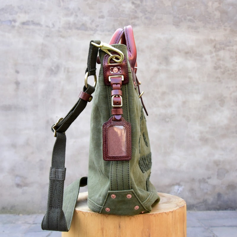 Canvas Leather Tote Bag 15.7in Retro Crossbody Workwear Unisex