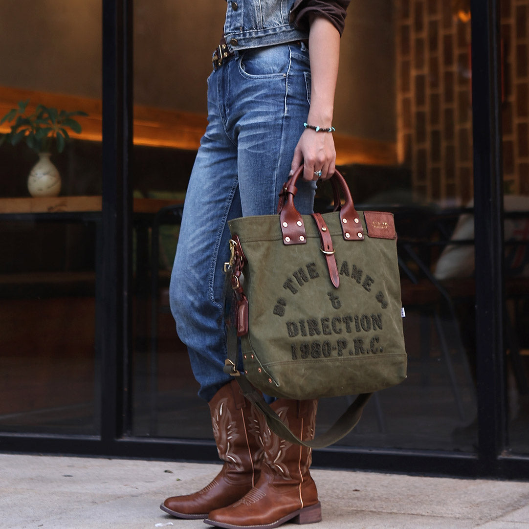 Canvas Leather Tote Bag 15.7in Retro Crossbody Workwear Unisex