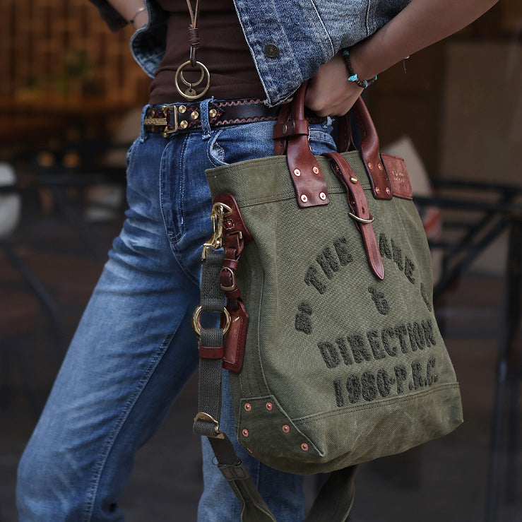 Canvas Leather Tote Bag 15.7in Retro Crossbody Workwear Unisex