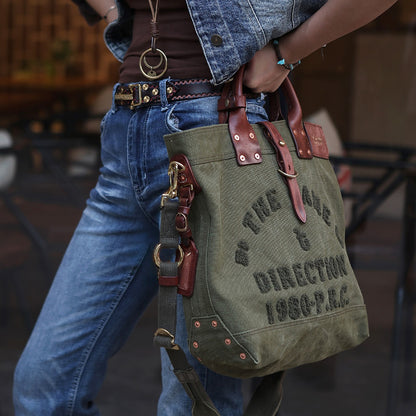 Canvas Leather Tote Bag 15.7in Retro Crossbody Workwear Unisex