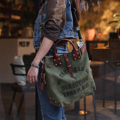 Canvas Leather Tote Bag 15.7in Retro Crossbody Workwear Unisex