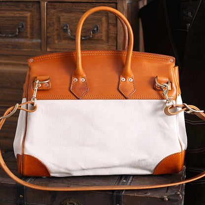 Classic Italian Leather Canvas Bag,Birkin Style Bag,Canvas Leather Tote Bag-i7bags