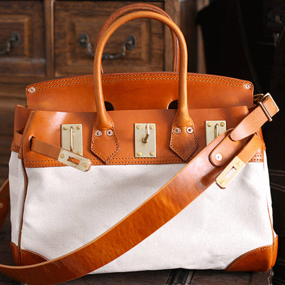 Classic Italian Leather Canvas Bag,Birkin Style Bag,Canvas Leather Tote Bag-i7bags