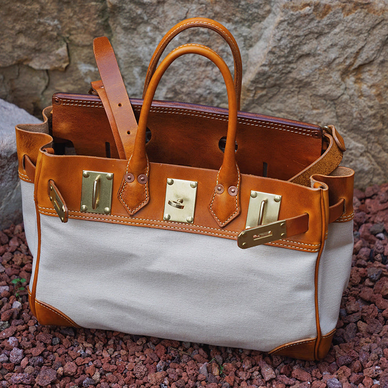 Classic Italian Leather Canvas Bag,Birkin Style Bag,Canvas Leather Tote Bag-i7bags