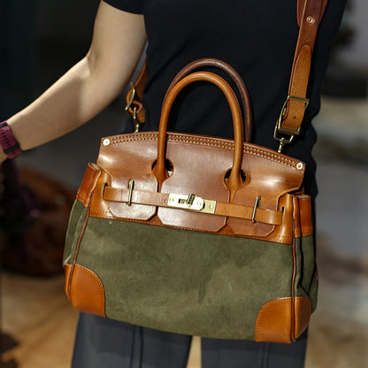 Classic Leather Canvas Bag,Canvas Leather Bag,Birkin Style Bag-i7bags