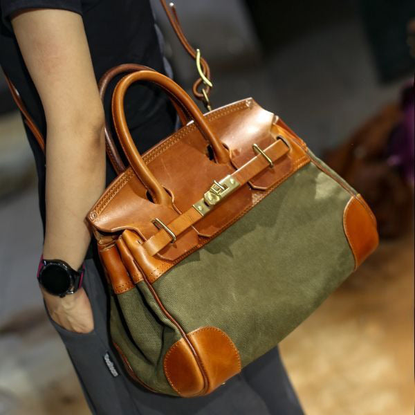 Classic Leather Canvas Bag,Canvas Leather Bag,Birkin Style Bag-i7bags