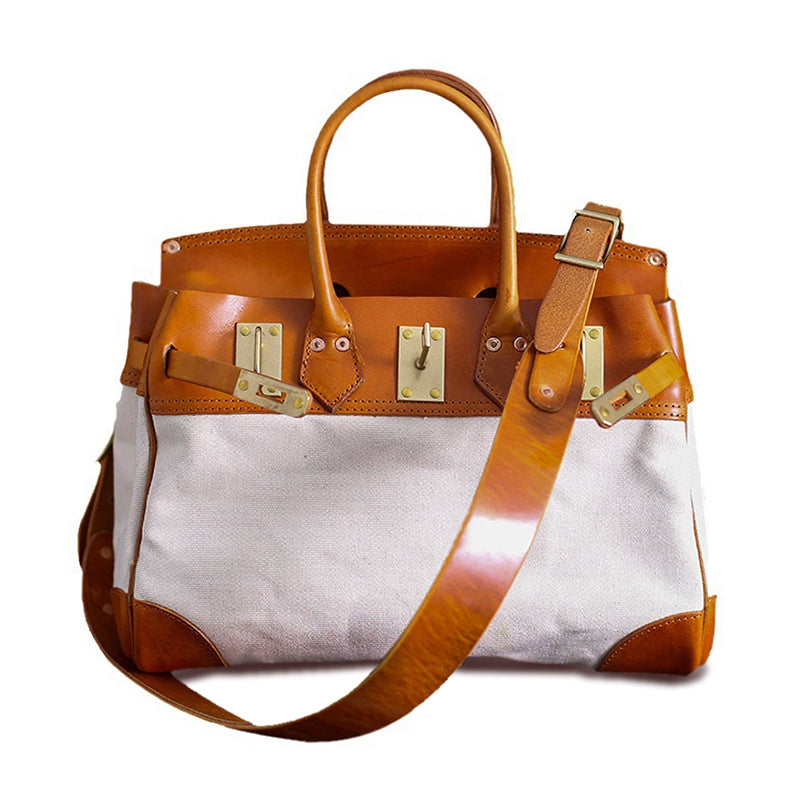 Canvas And Leather Handbags in tan leather and beige canvas, stylish work bag for unisex use.