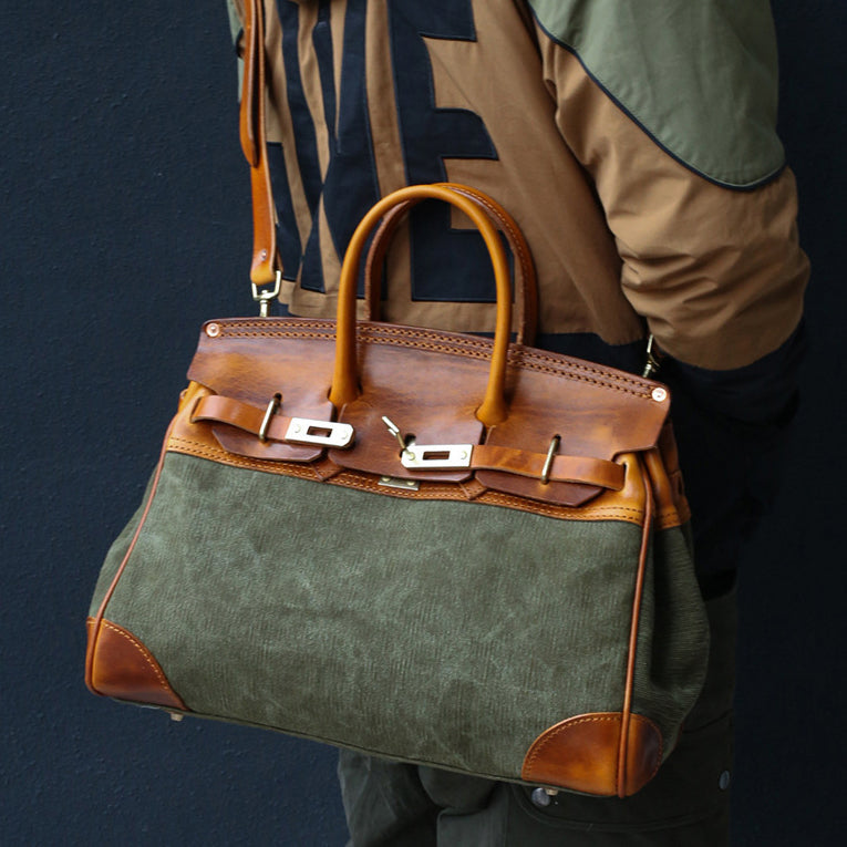 Canvas And Leather Handbags, stylish unisex work bag with a green canvas body and brown leather accents.