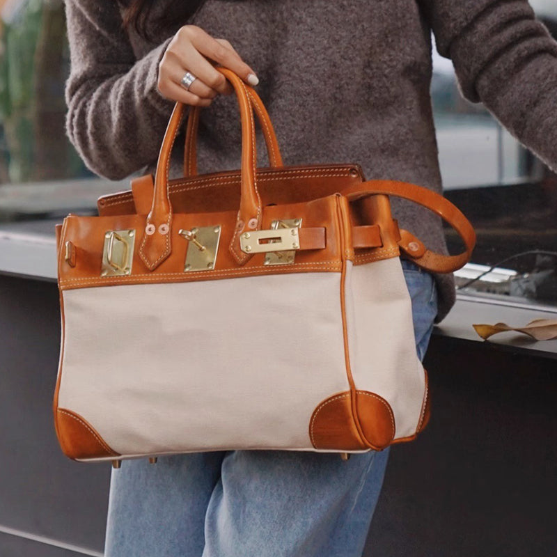 Canvas And Leather Handbags in stylish brown and cream design, perfect for work or casual outings, unisex 15in size.