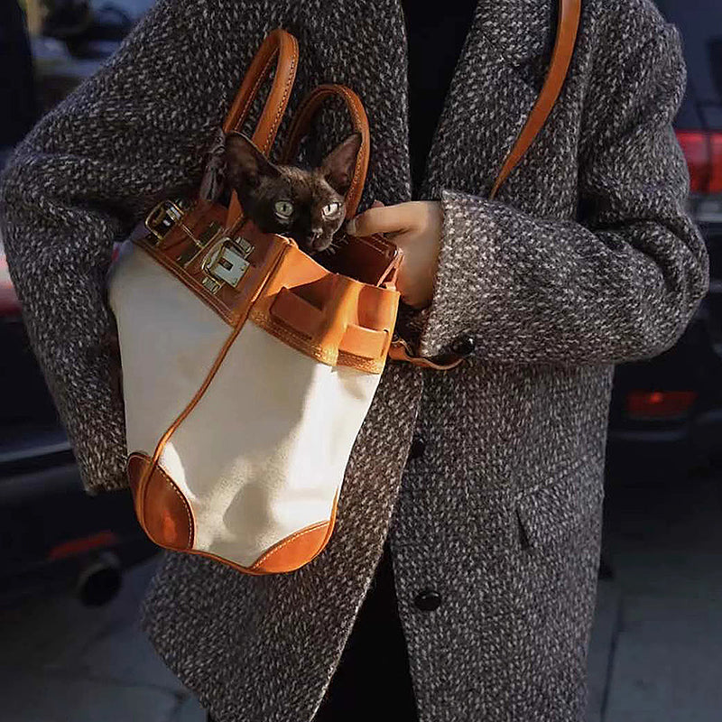 Canvas And Leather Handbags with a stylish design, featuring a cat peeking out from a purse carried by a person.