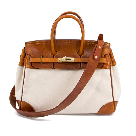 Canvas And Leather Handbags, a stylish work bag with brown leather and cream canvas, ideal for unisex use.