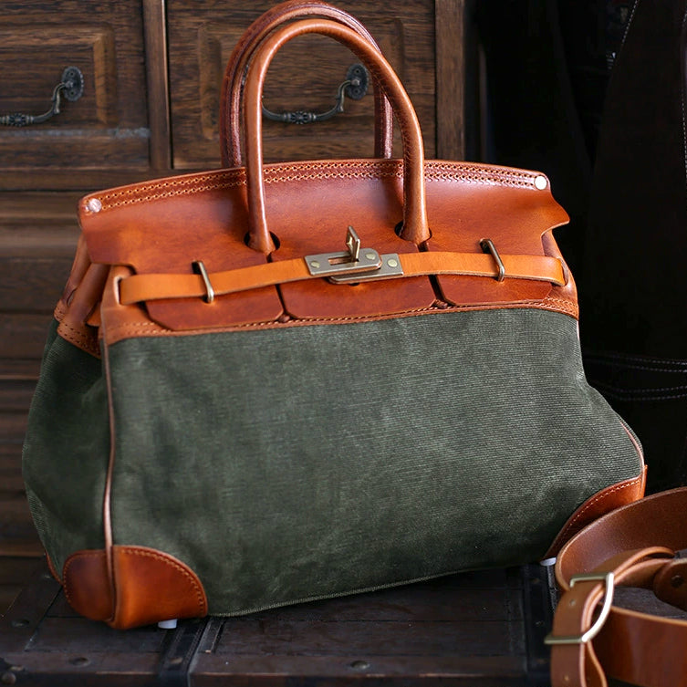 Canvas And Leather Handbags, stylish unisex work bag featuring a green canvas body and brown leather accents.