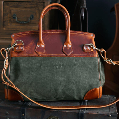 Canvas And Leather Handbags in green and brown, stylish unisex work bag with durable design.
