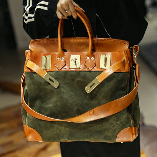 Clarisse Bag|Artisan's Art, Large Italian Genuine Leather Canvas Tote Bag For Men, Travel Bag, 16.5in length -i7bags