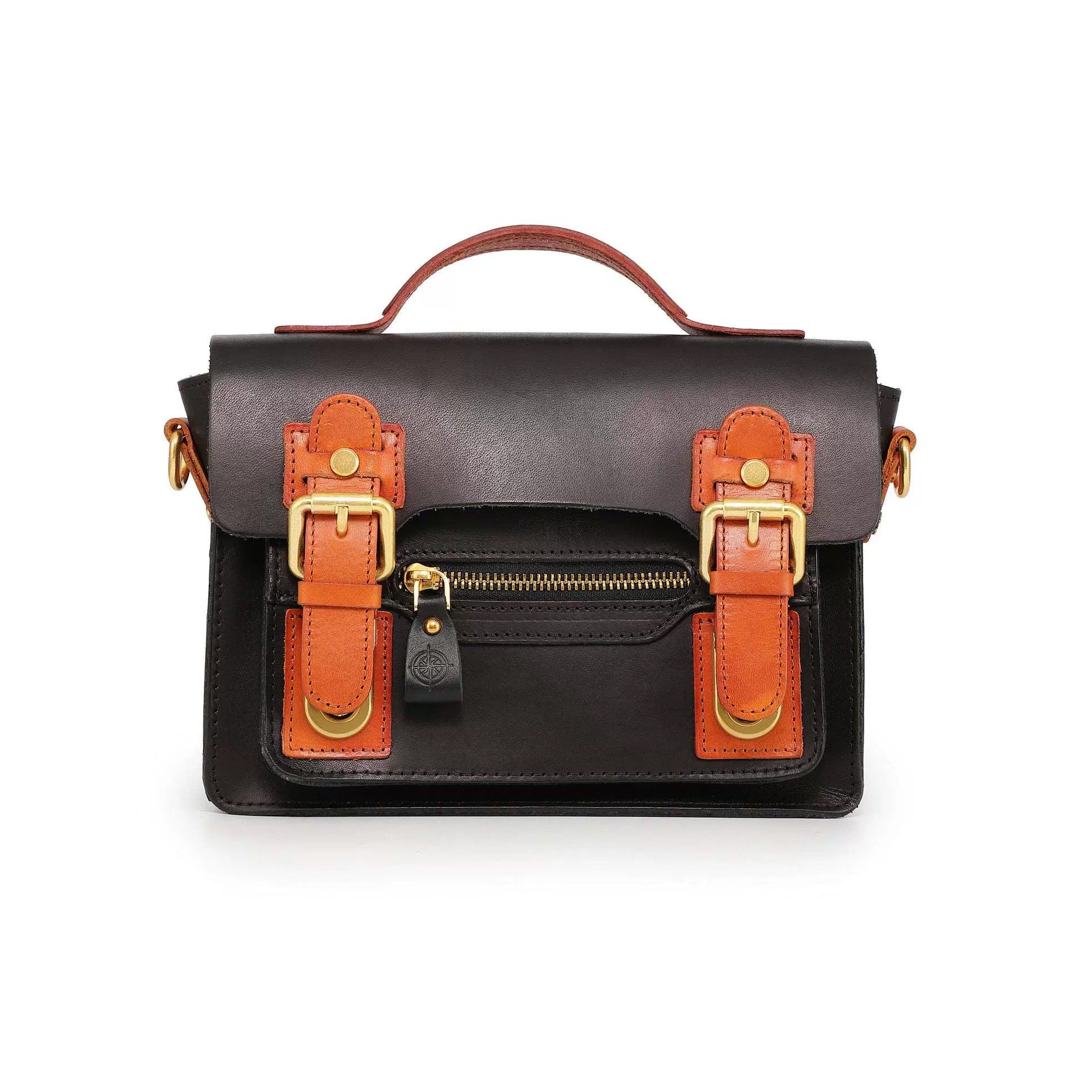 Compact Leather Cambridge Satchel,Stylish Color Contrast Crossbody Leather Bag,For Women-i7bags Black