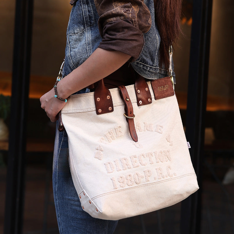 Canvas Leather Tote Bag 15.7in Retro Crossbody Workwear Unisex