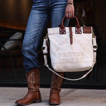 Canvas Leather Tote Bag 15.7in Retro Crossbody Workwear Unisex