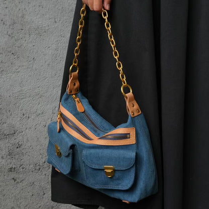 Denim And Leather Crossbody Bag,Denim Canvas And Leather Bag,Blue Denim And Leathe Bag-i7bags