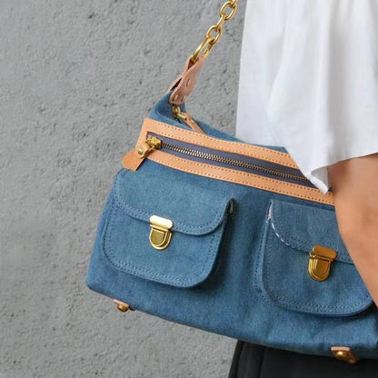 Denim And Leather Crossbody Bag,Denim Canvas And Leather Bag,Blue Denim And Leathe Bag-i7bags