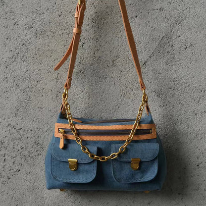 Denim And Leather Crossbody Bag,Denim Canvas And Leather Bag,Blue Denim And Leathe Bag-i7bags