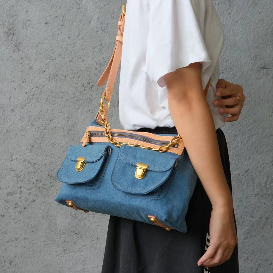 Denim And Leather Crossbody Bag,Denim Canvas And Leather Bag,Blue Denim And Leathe Bag-i7bags