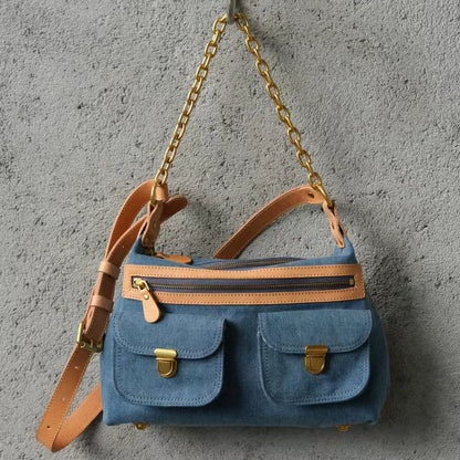 Denim And Leather Crossbody Bag,Denim Canvas And Leather Bag,Blue Denim And Leathe Bag-i7bags