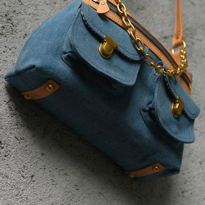 Denim And Leather Crossbody Bag,Denim Canvas And Leather Bag,Blue Denim And Leathe Bag-i7bags