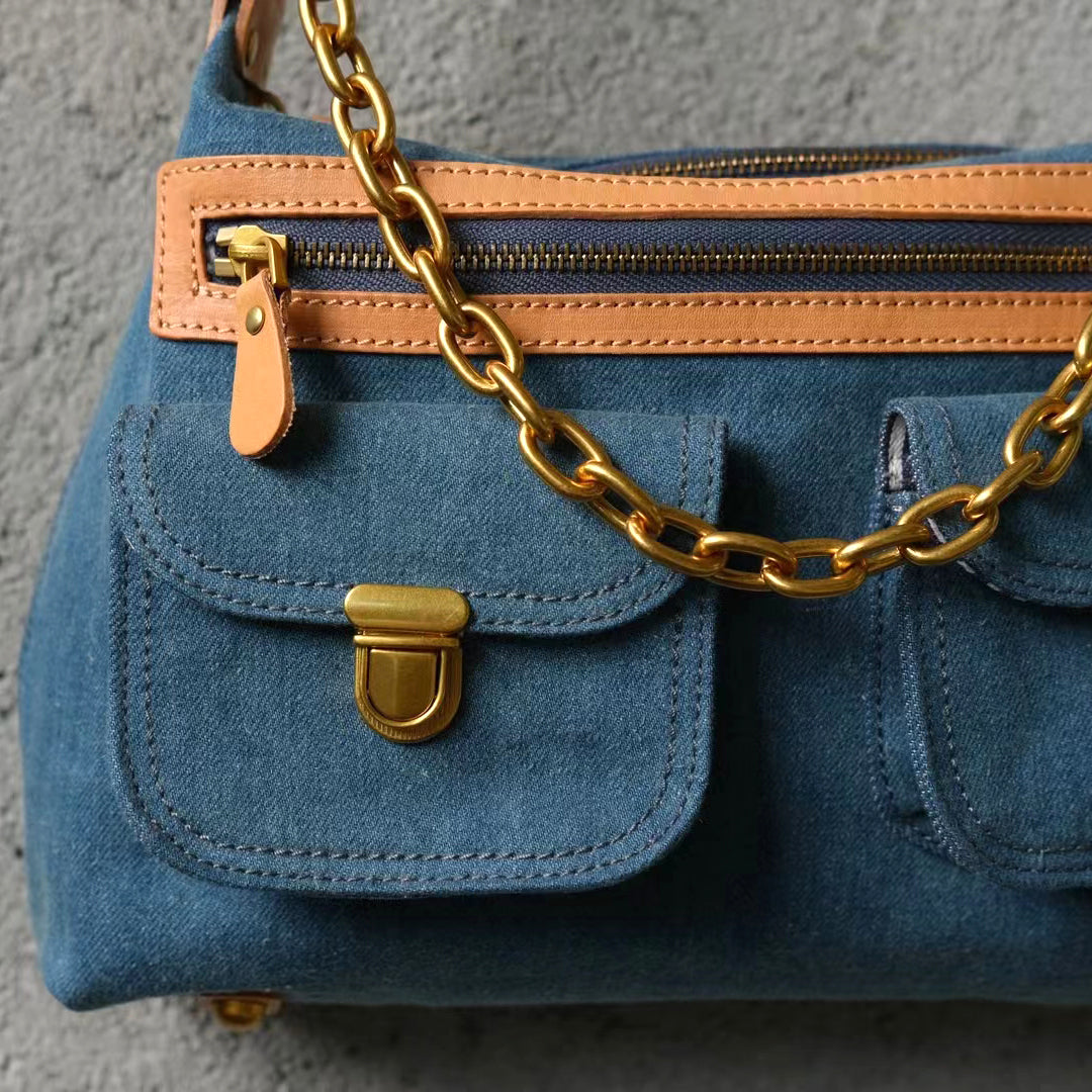 Denim And Leather Crossbody Bag,Denim Canvas And Leather Bag,Blue Denim And Leathe Bag-i7bags