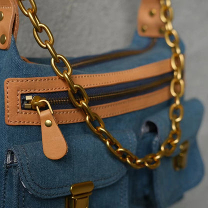 Denim And Leather Crossbody Bag,Denim Canvas And Leather Bag,Blue Denim And Leathe Bag-i7bags