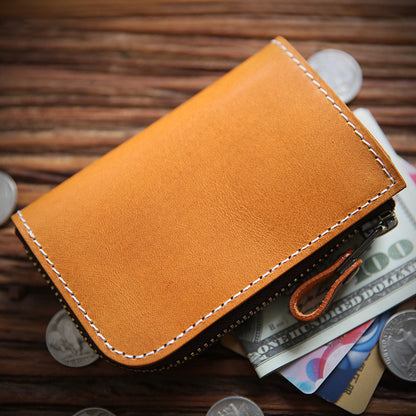 Full Grain Leather Short Wallet - Premium Cowhide Compact Purse