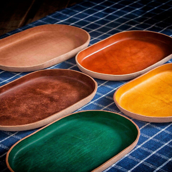 Genuine Leather Oval Tray - Full Grain Cowhide Catchall Organizer